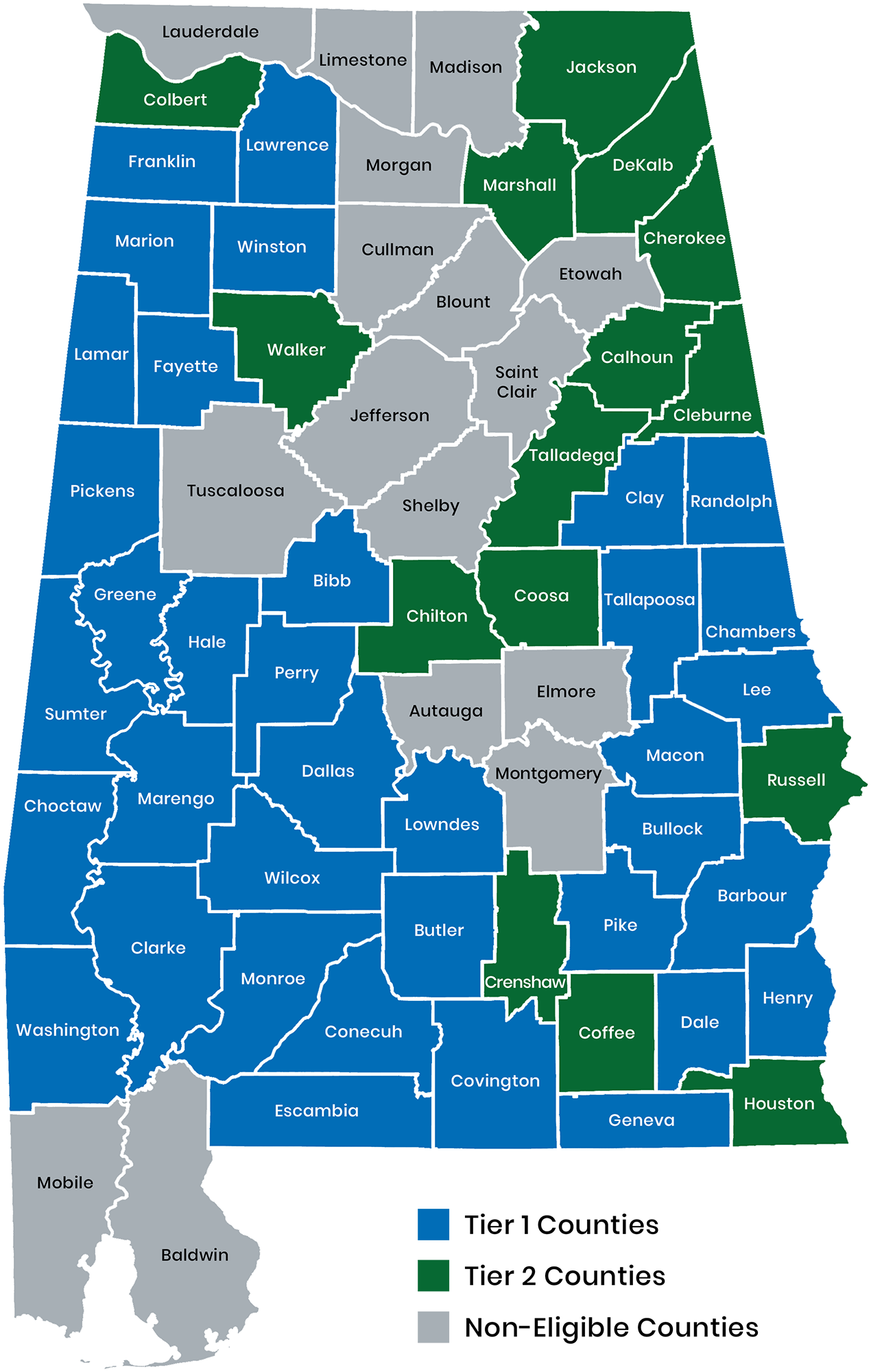 rural-grants-county-map-01 Rural Grants map showing Tier 1 Counties (blue), Tier 2 Counties (green), and Non-Eligible Counties (gray)