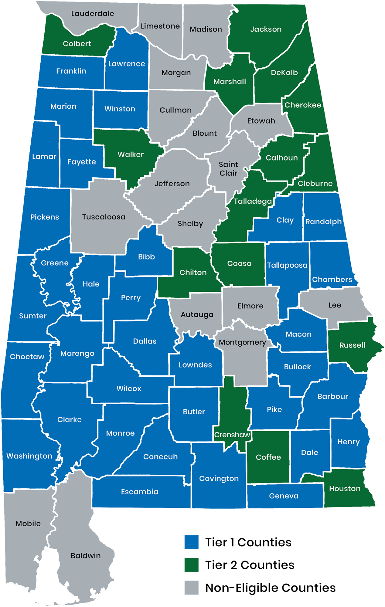 rural-grants-county-map-02 Rural Grants map showing Tier 1 Counties (blue), Tier 2 Counties (green), and Non-Eligible Counties (gray)